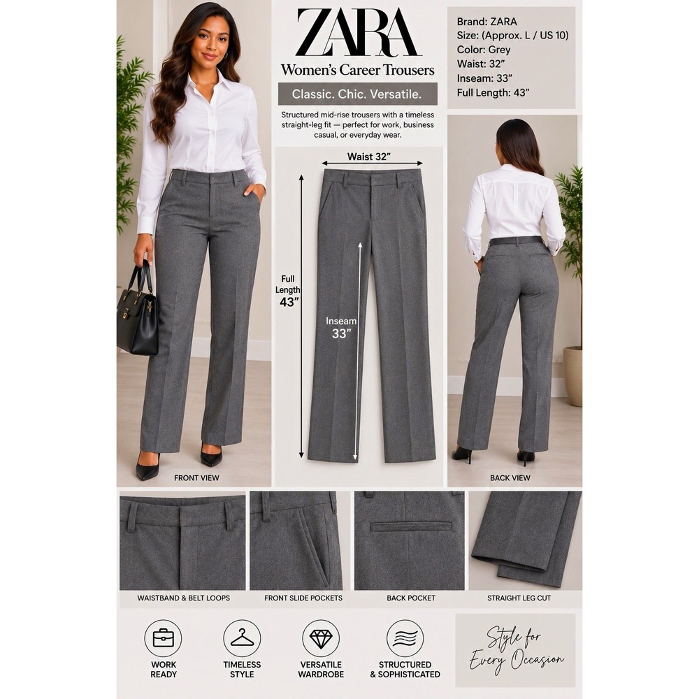 ZARA BASIC Women Gray Solid Straight Leg Dress Pants Flat Front Pockets 33"